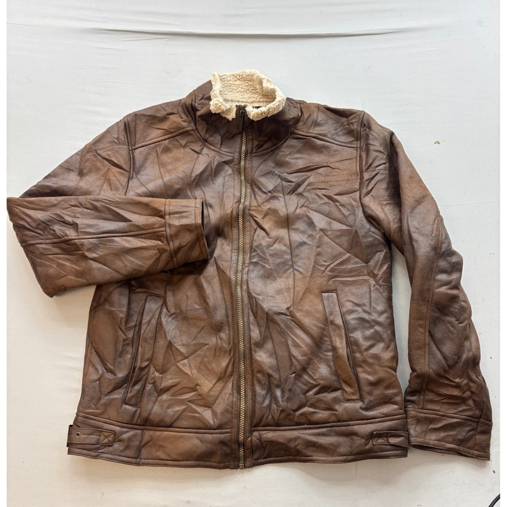 Rainforest Mens Brown Faux Leather Sherpa Lined Bomber Jacket Size Medium